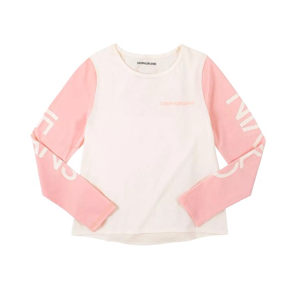 NWT CALVIN KLEIN JEANS Big Girls Color-block T-Shirt, Pink/White, Size: S (7) - Picture 1 of 2